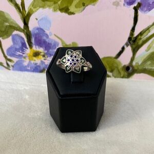 Hand Crafted Silver 925 Floral Ring with Blue and Green Accents
